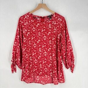 Papermoon Larie Tie Sleeve Red Floral Print High Low Chiffon Blouse NWT Size L